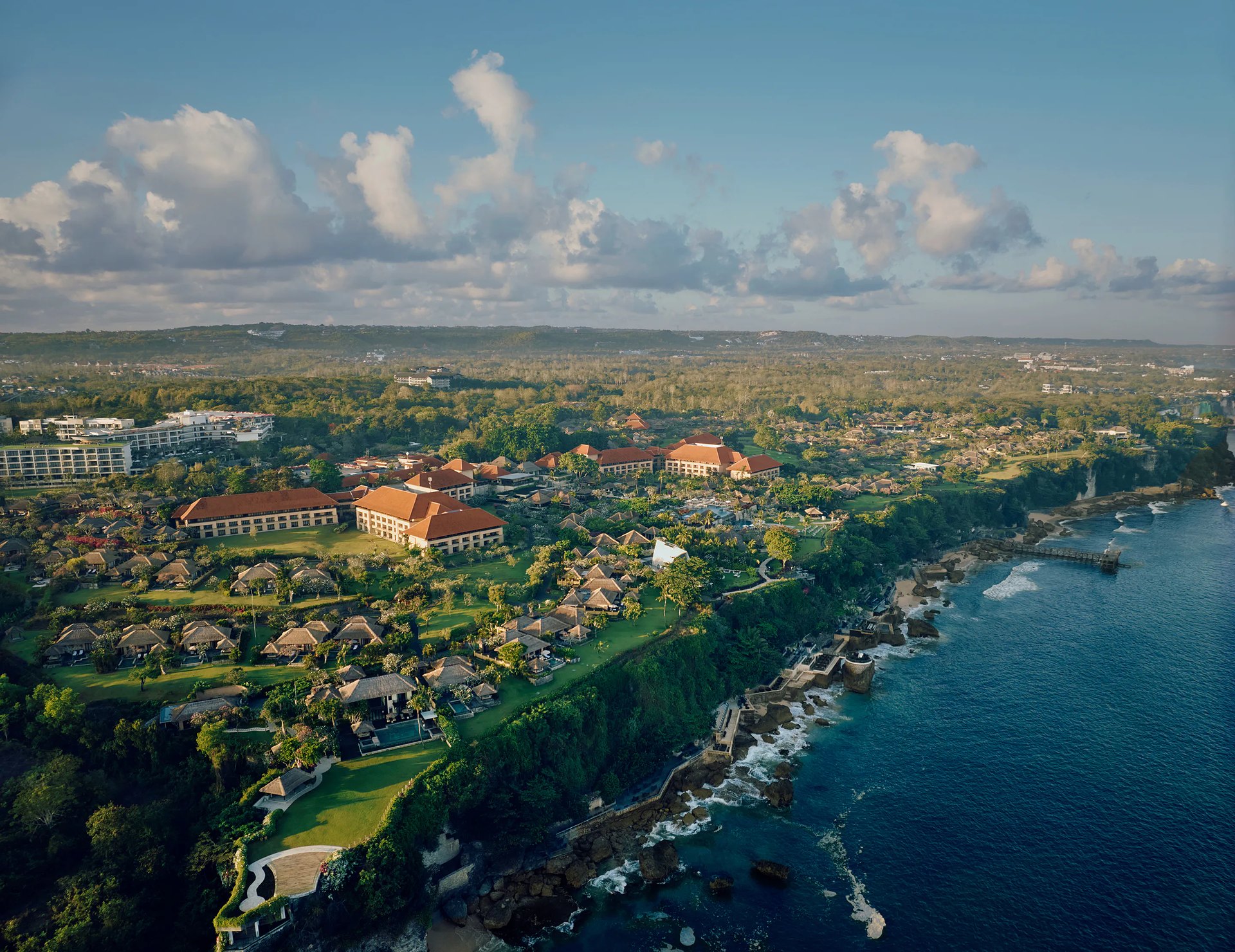 The AYANA estate on the clifftop above the ocean at Jimbaran, from the air